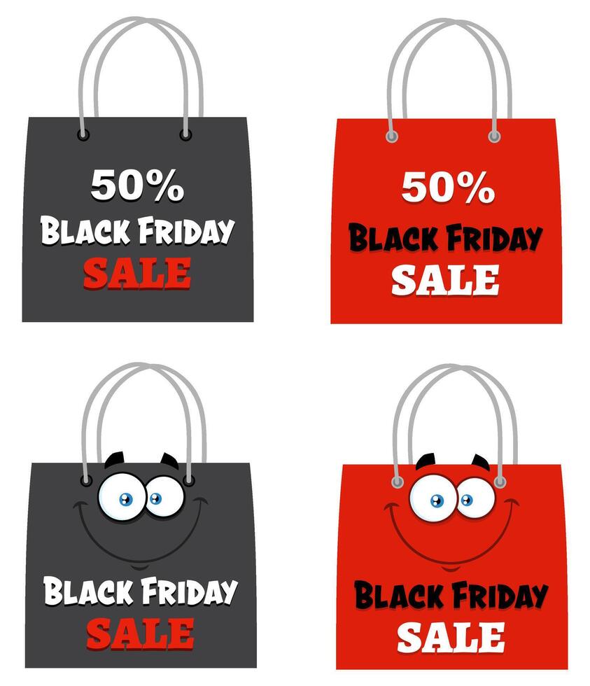 Black Friday Shopping Bags Cartoon Character. Collection Set vector