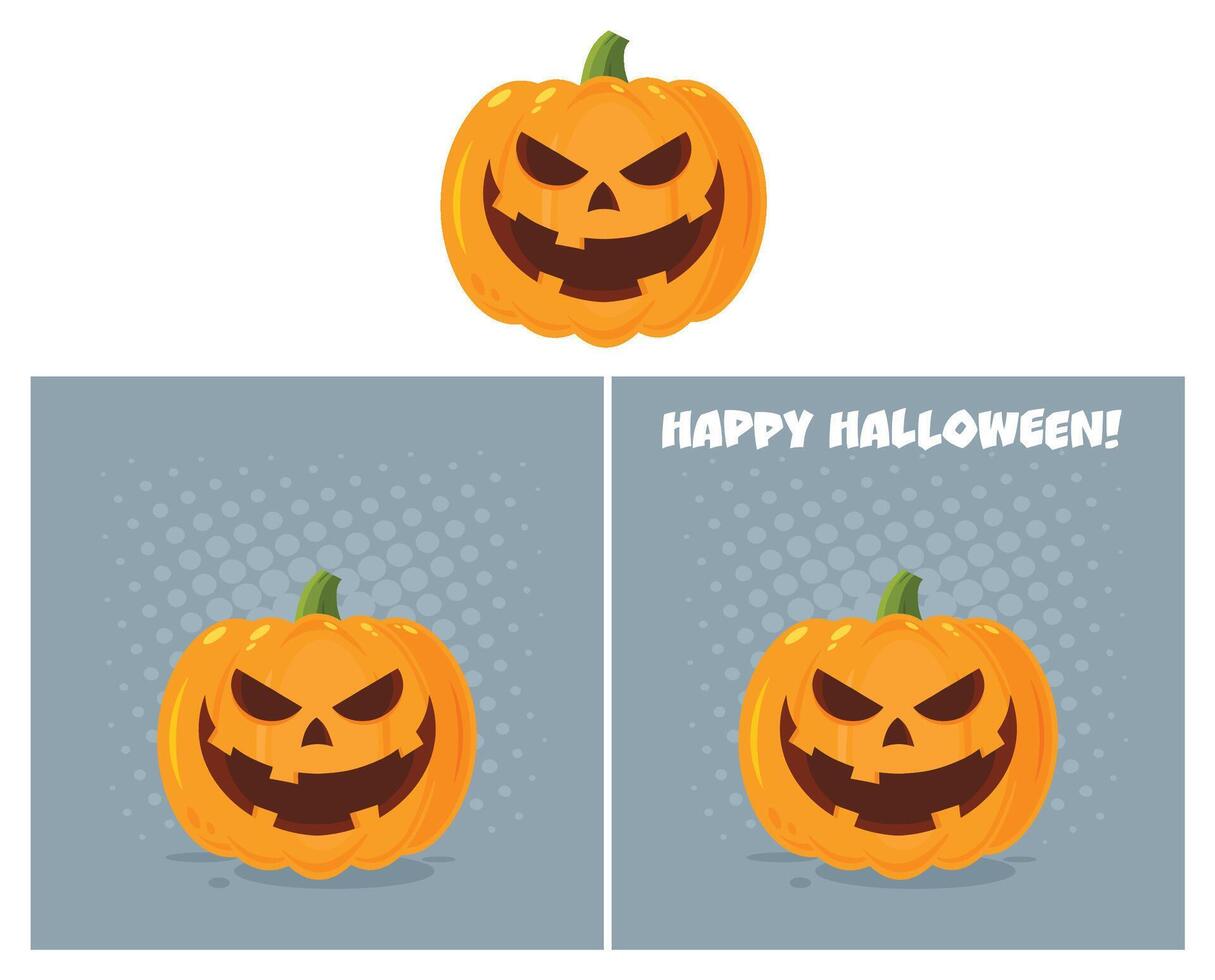 Evil Halloween Pumpkin Cartoon Emoji Face Character With Expression. Collection With Background vector