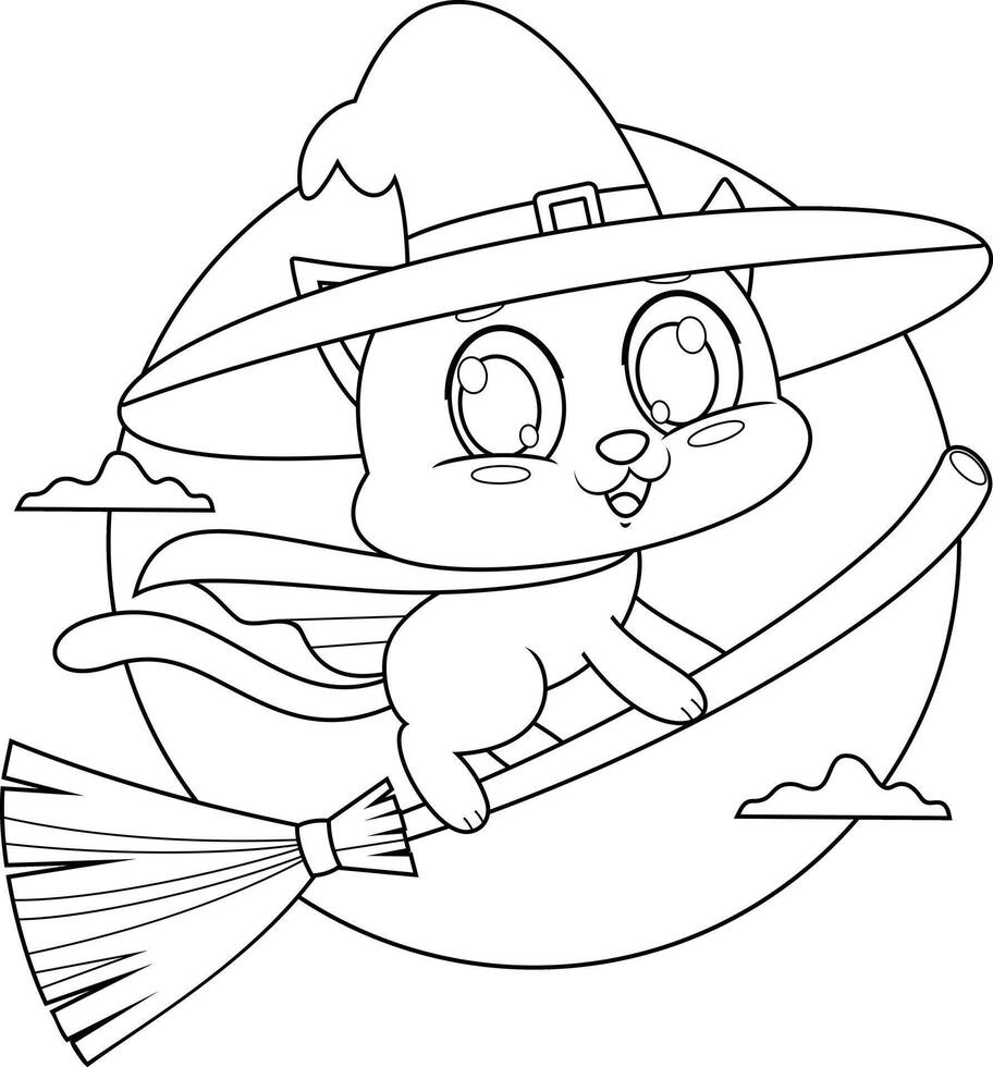 Outlined Cute Halloween Witch Black Cat Cartoon Character Flying On A Broom Stick vector