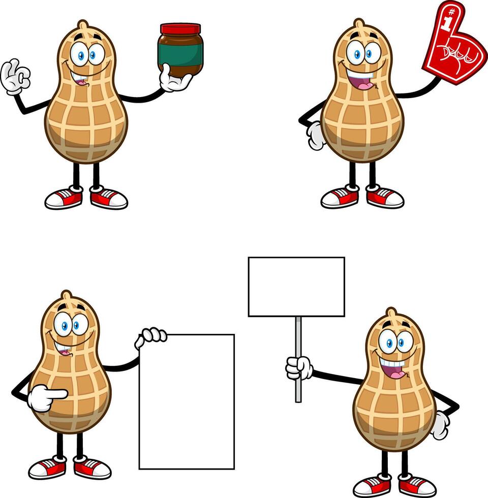 Peanut Cartoon Character In Different Poses. Hand Drawn Collection Set vector
