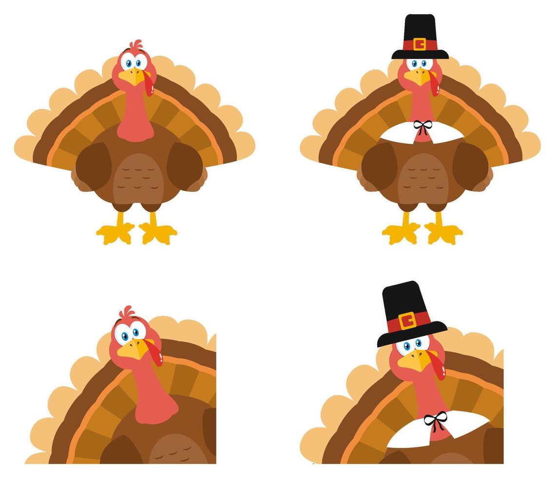 Thanksgiving Turkey Bird Cartoon Mascot Character. Collection Set vector