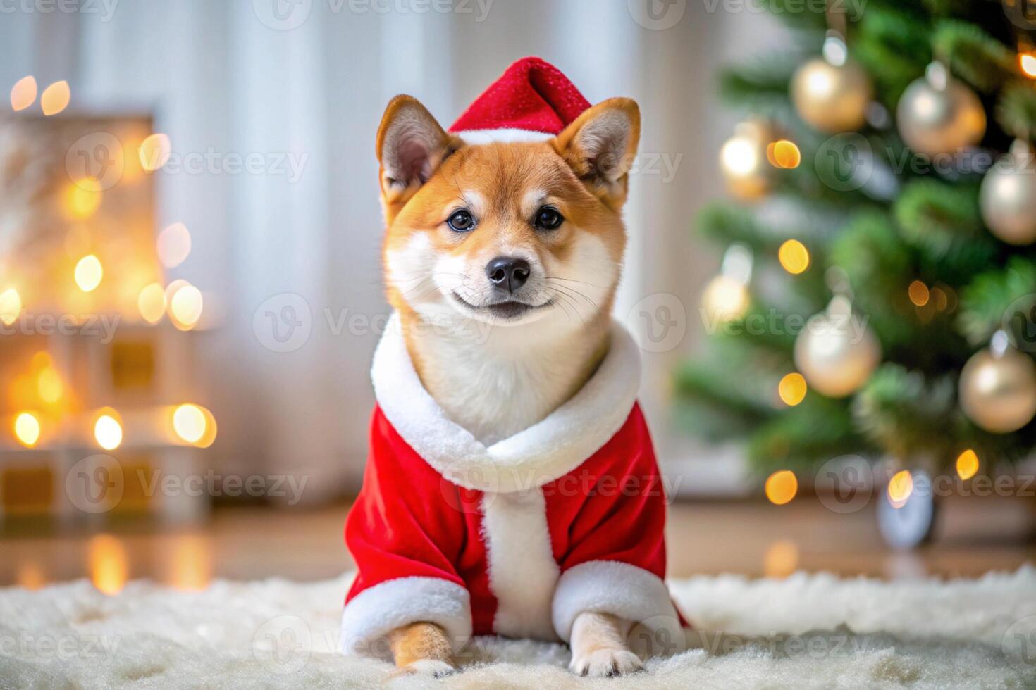 funny shiba inu puppy wearing santa costume photo