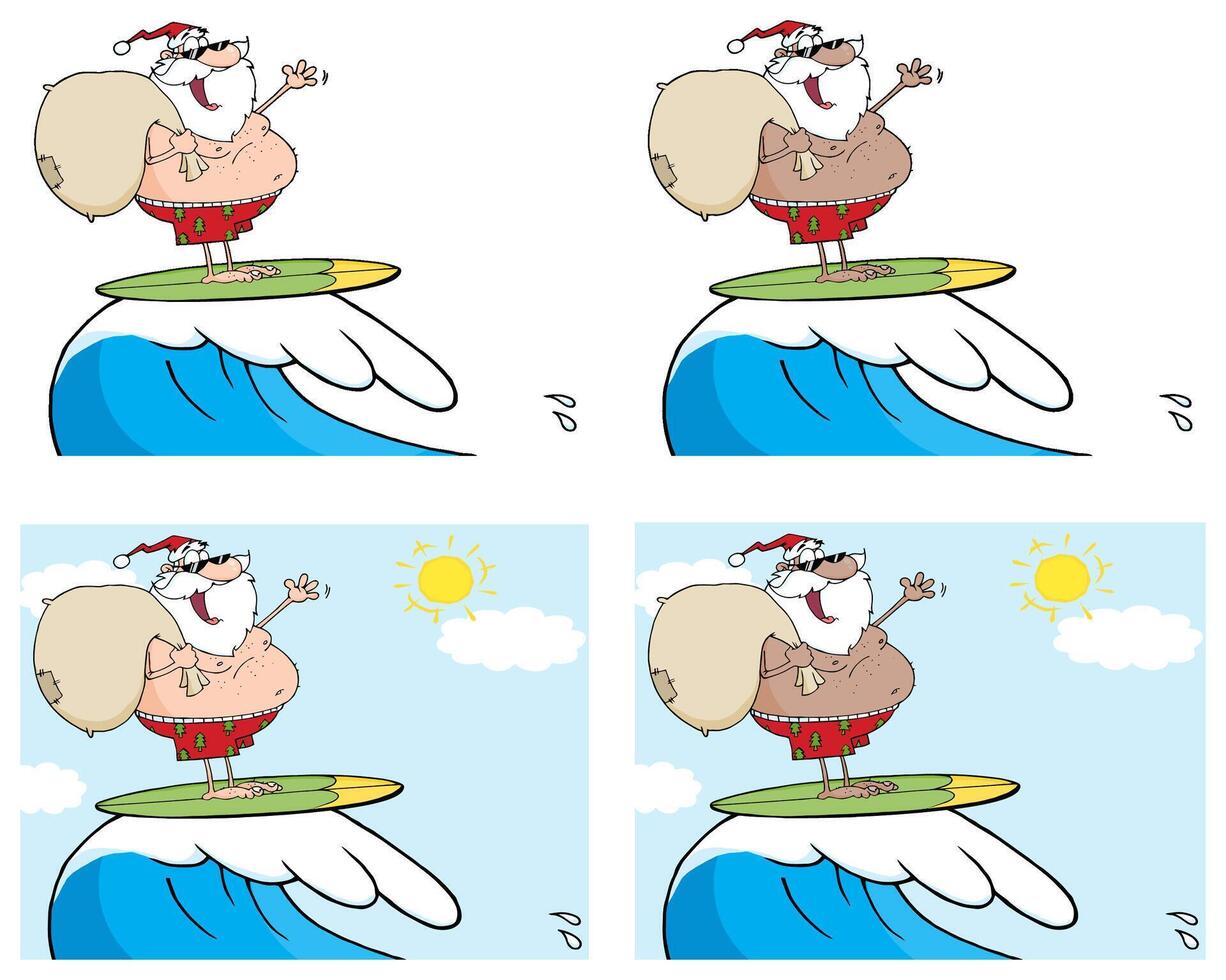 Santa Claus Surfing With Bag Over Waves. Collection Set vector