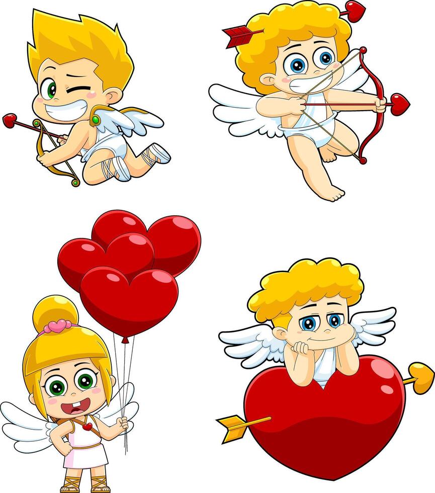 Cute Cupid Baby Cartoon Characters. Hand Drawn Collection Set vector