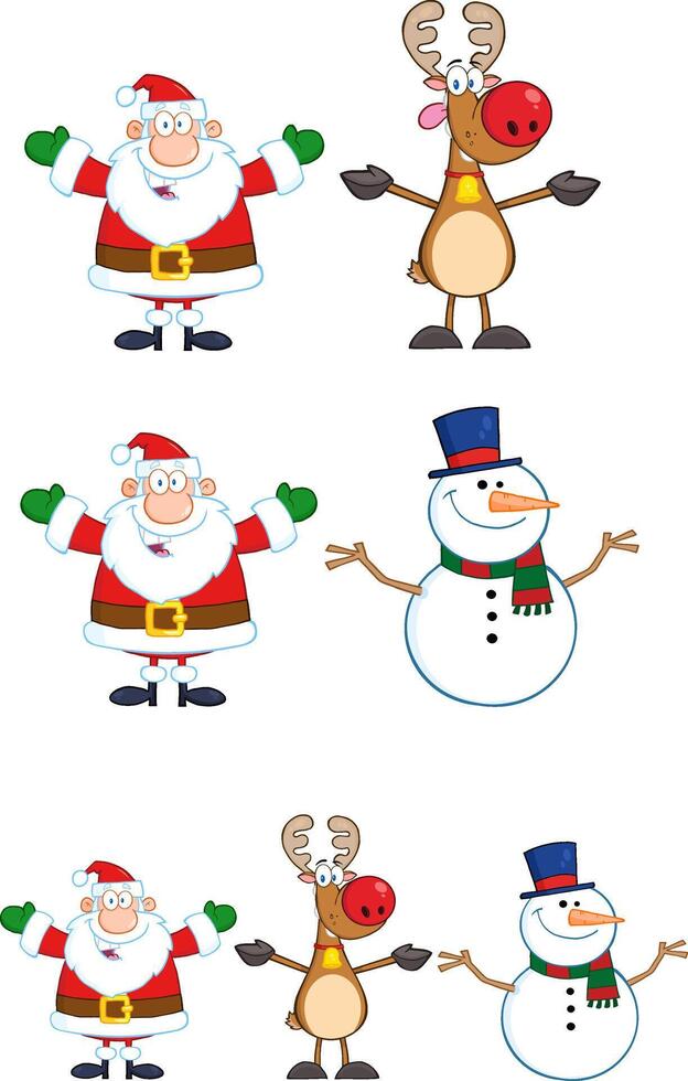 Santa Claus, Reindeer, And Snowman Cartoon Characters. Collection Set vector