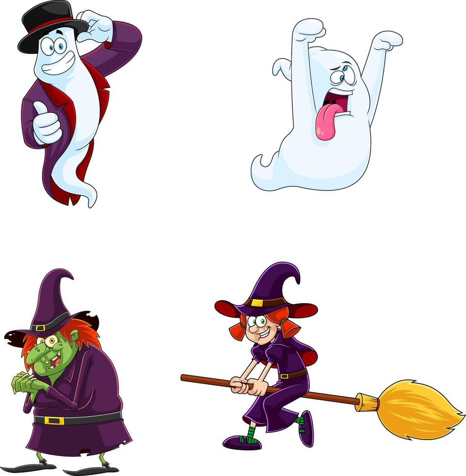Halloween Cartoon Characters Ghost And Witch. Collection Set vector