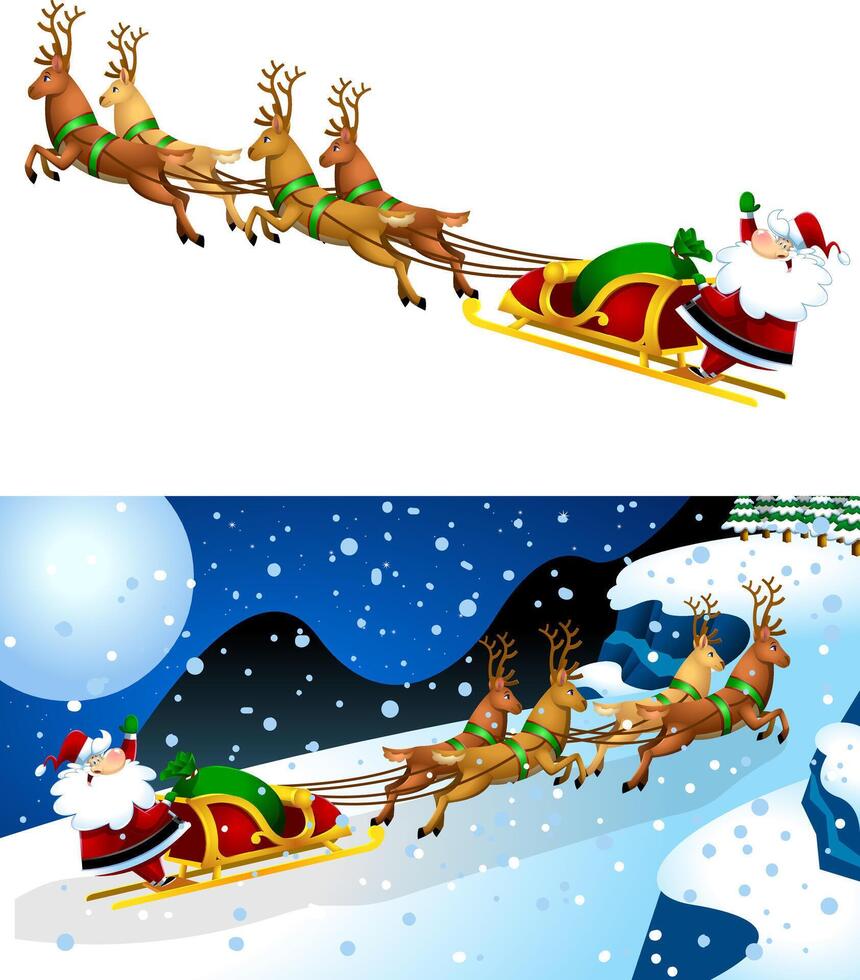 Happy Santa Claus Cartoon Character A Reindeers Flying In A Sleigh. Flat Design Collection Set vector