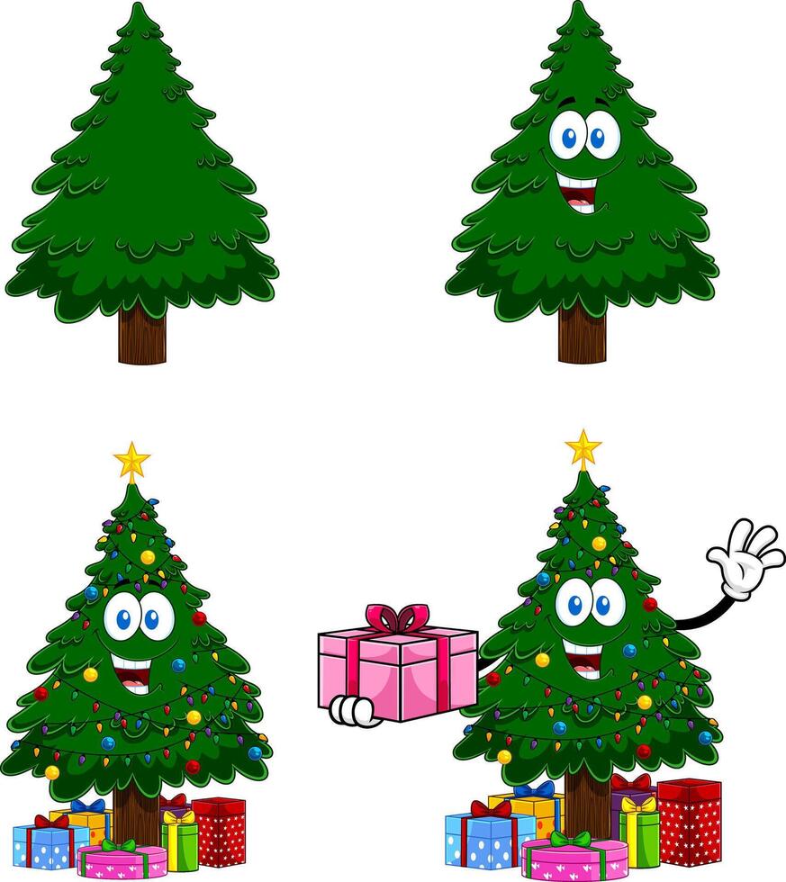 Happy Green Christmas Tree Cartoon Characters. Hand Drawn Collection Set vector