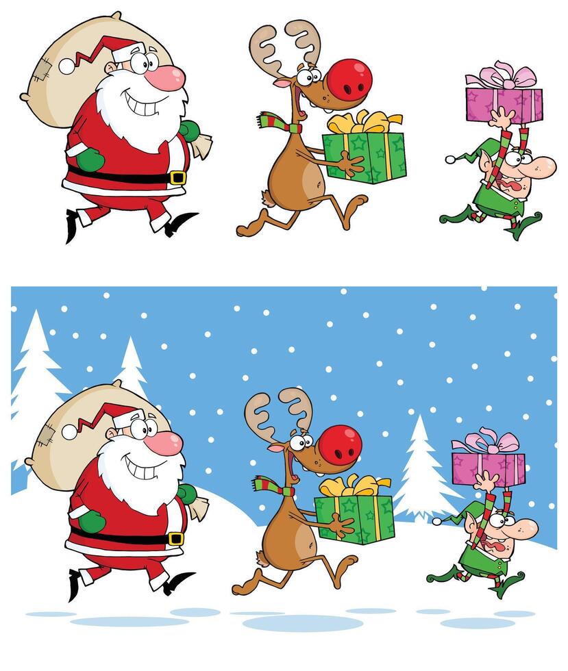 Santa Claus,Reindeer And Elf Running In Christmas Night. Collection Set vector