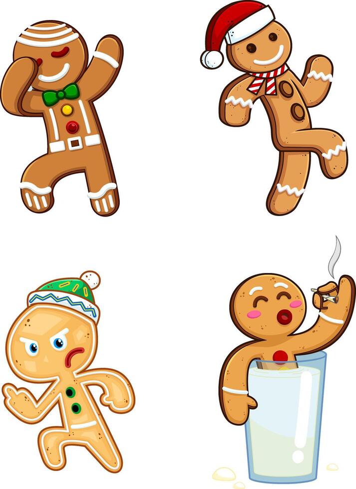 Christmas Gingerbread Man Cartoon Character In Different Poses. Collection Set vector