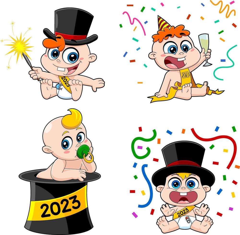 Cute New Year Baby Cartoon Characters. Hand Drawn Collection Set vector