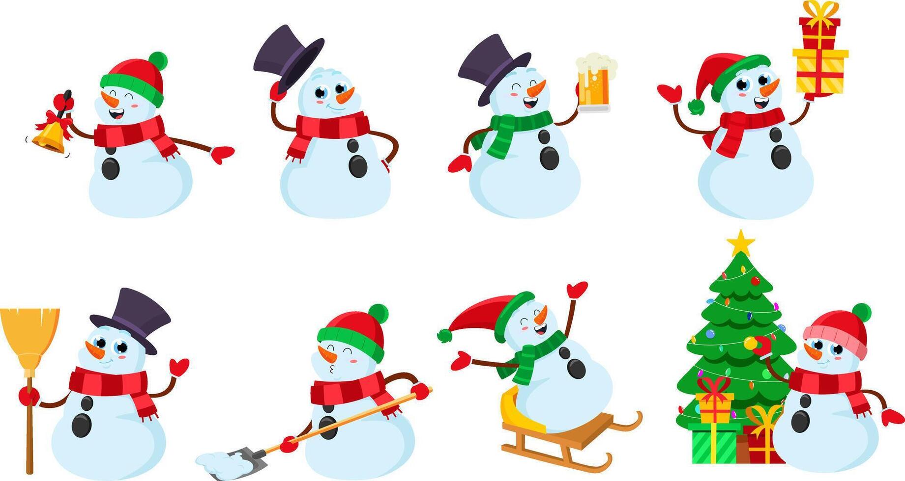 Cute Snowman Cartoon Characters. Flat Design Collection Set vector