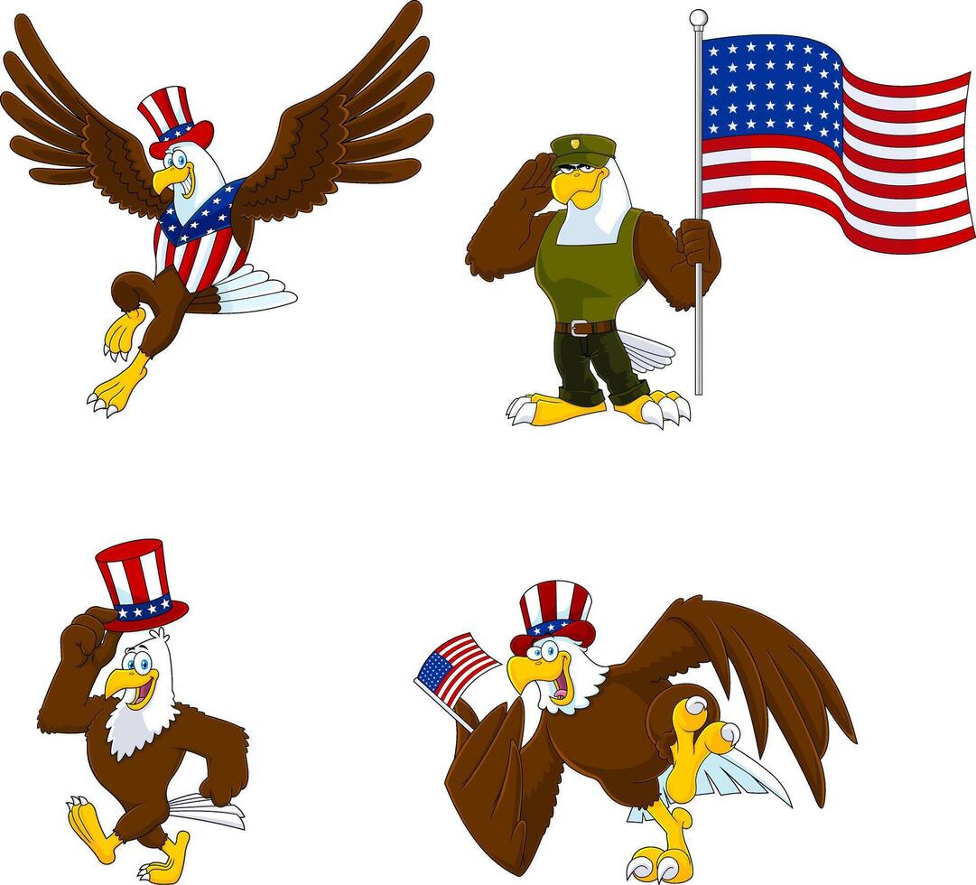 Patriotic Eagle Cartoon Characters. Collection Set vector