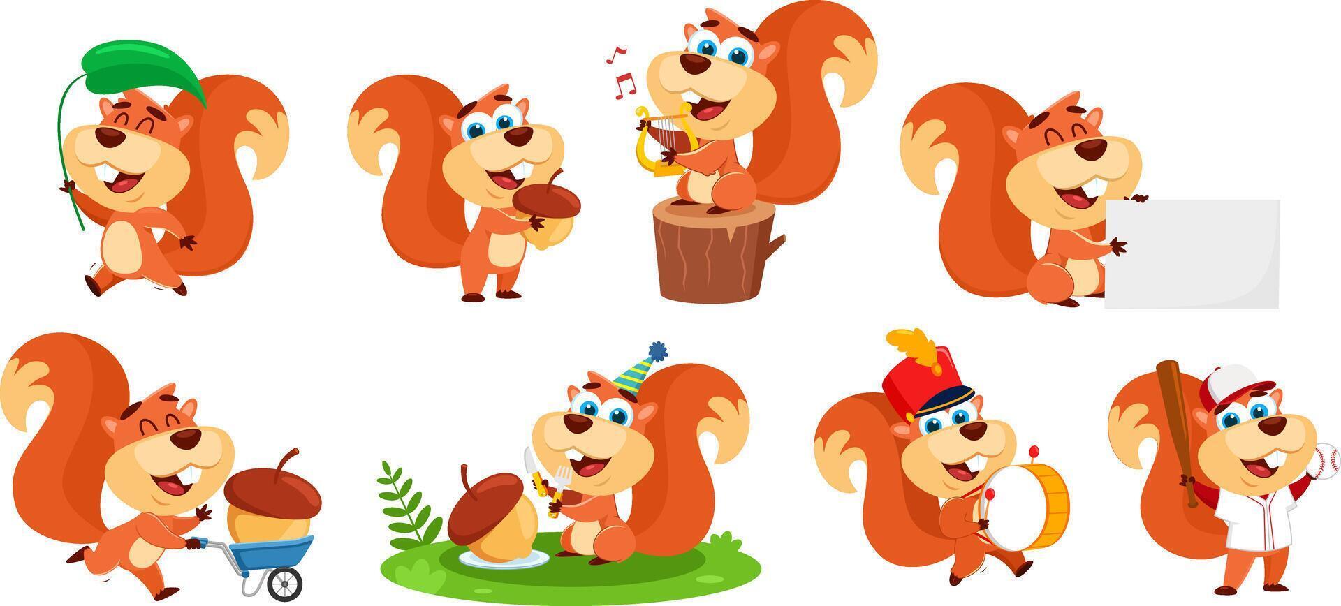 Cute Squirrel Cartoon Character In Different Poses. Flat Design Collection Set vector