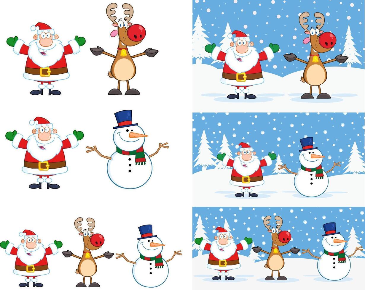 Santa Claus, Reindeer, And Snowman Cartoon Characters. Collection Set vector