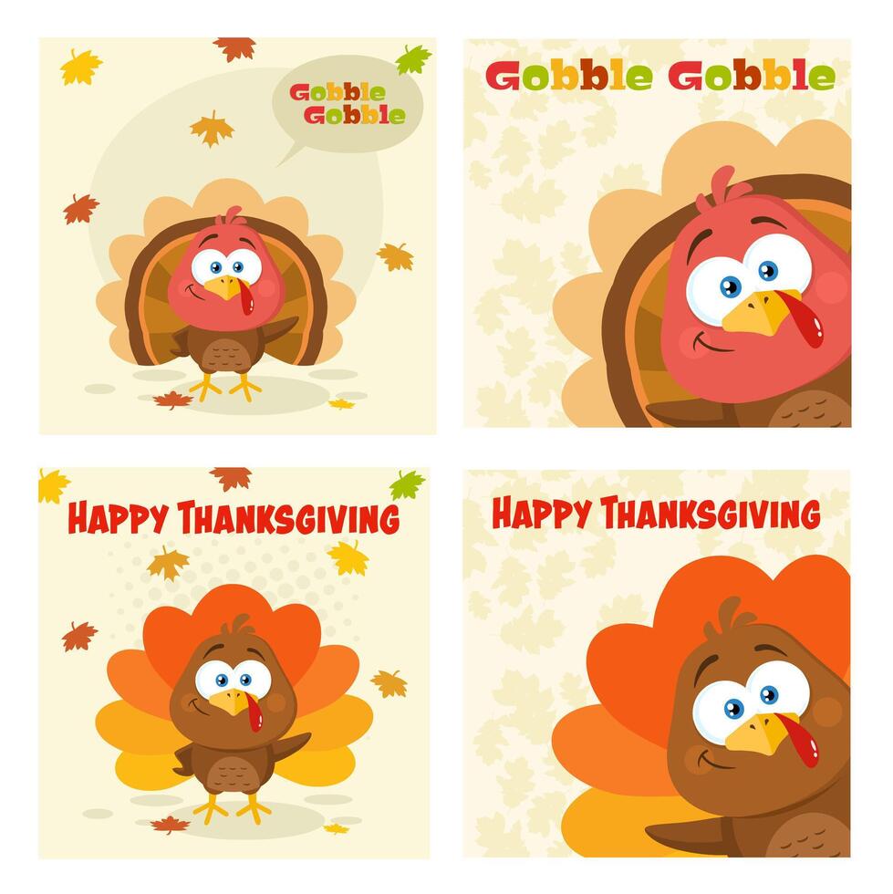 Thanksgiving Greeting Card With Little Turkey. Collection Set vector