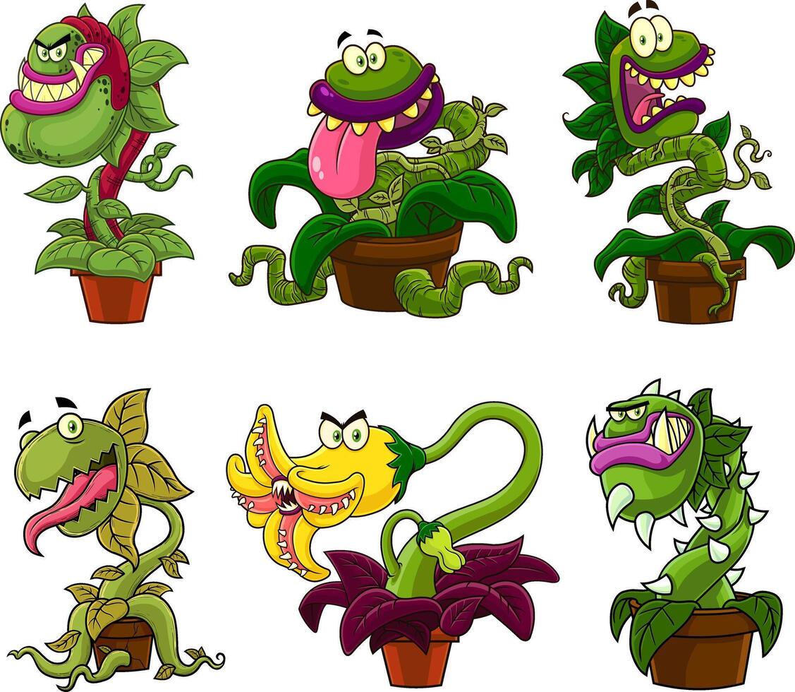 Evil Carnivorous Plants Cartoon Characters. Collection Set vector