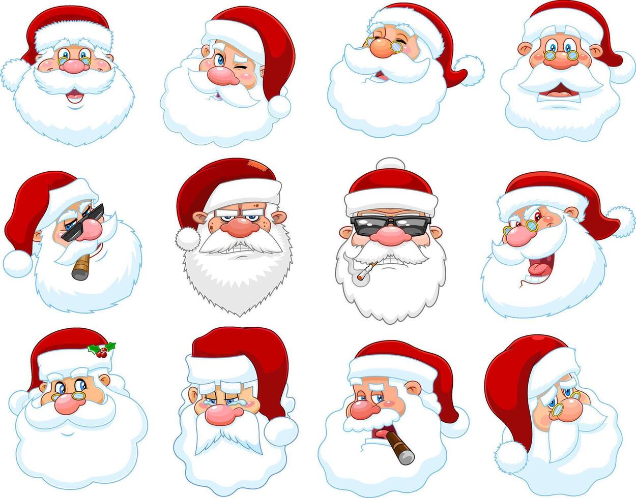 Classic Santa Claus Face Portrait Cartoon Characters. Collection Set vector