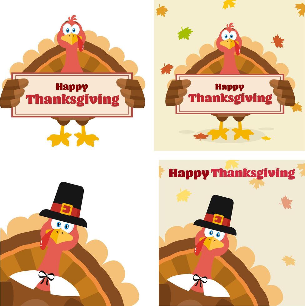 Thanksgiving Turkey Bird Cartoon Mascot Character. Collection Set vector