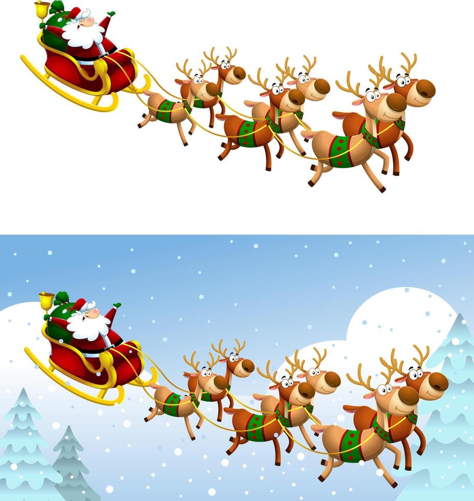 Happy Santa Claus Cartoon Character A Reindeers Flying In A Sleigh. Flat Design Collection Set vector