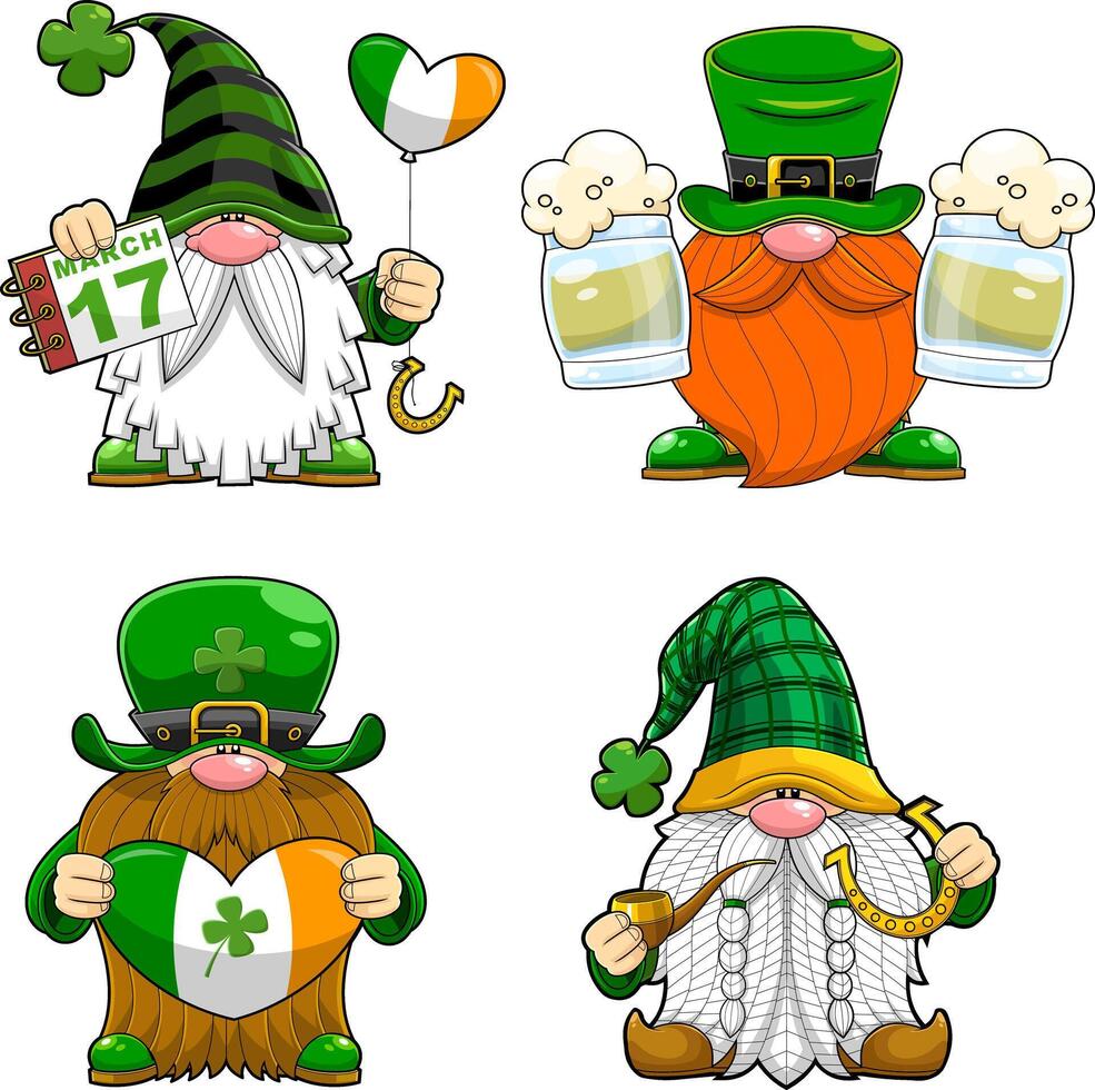St. Patrick's Day Gnomes Cartoon Characters In Different Poses. Hand Drawn Collection Set vector