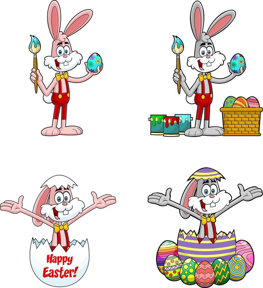 Easter Rabbit Cartoon Mascot Character. Hand Drawn Collection Set vector