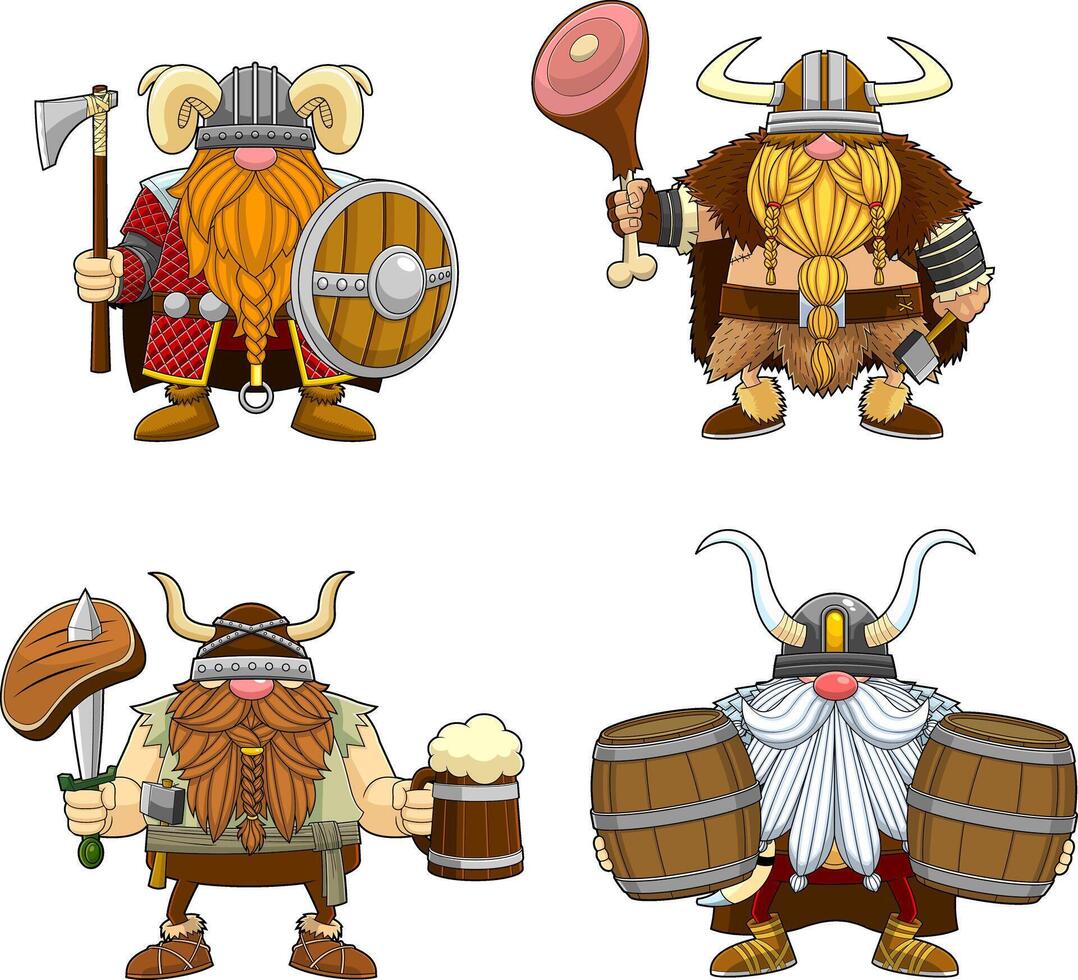 Gnome Viking Warrior Cartoon Characters. Collection Set vector