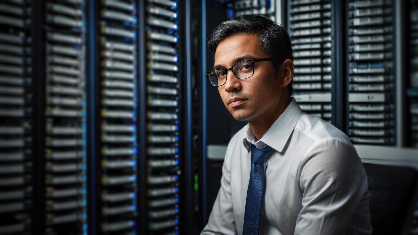 asian man in datacenter server room looking at camera photo