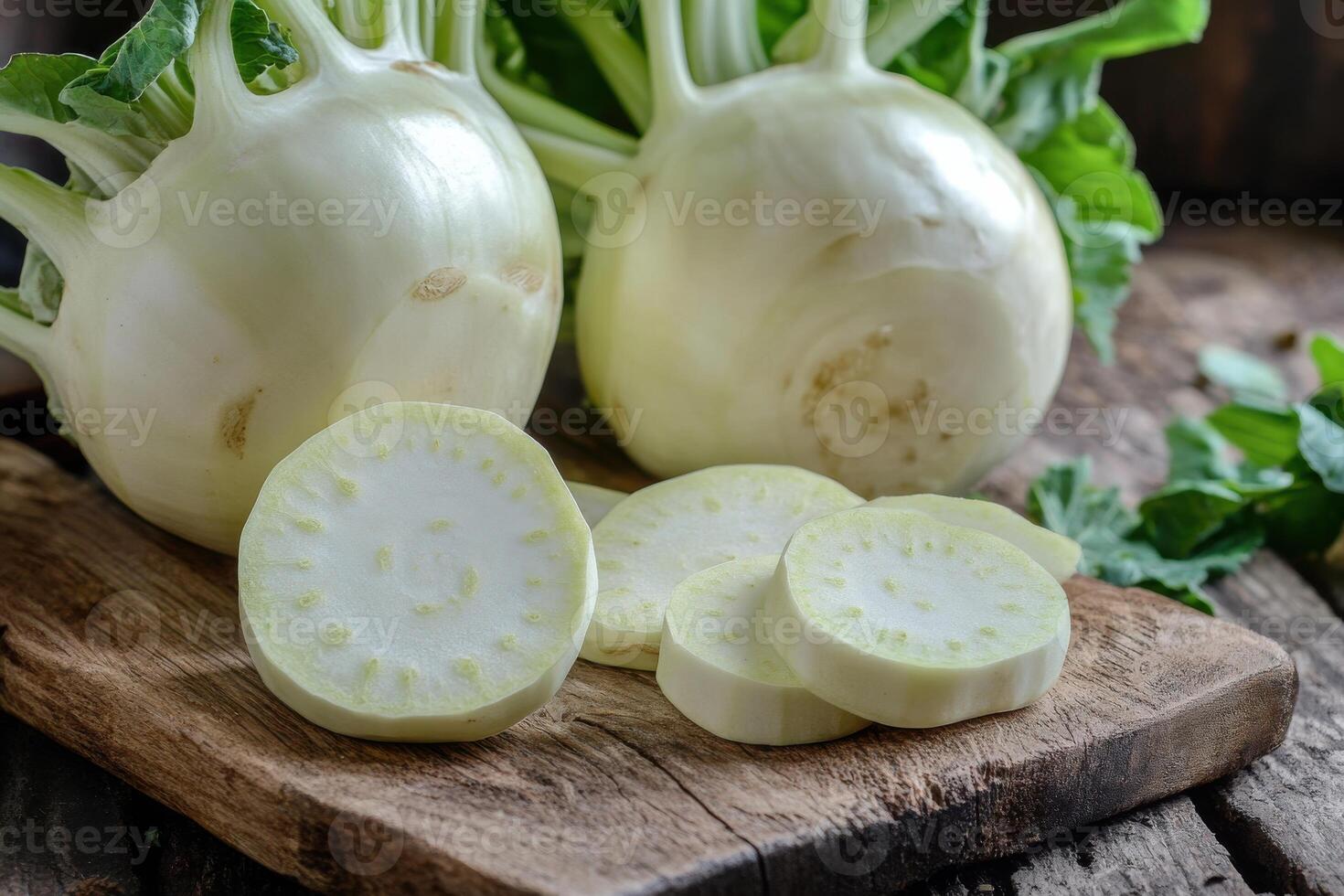 Freshly sliced kohlrabi on wooden cutting board surrounded by leafy greens in a rustic kitchen setting photo