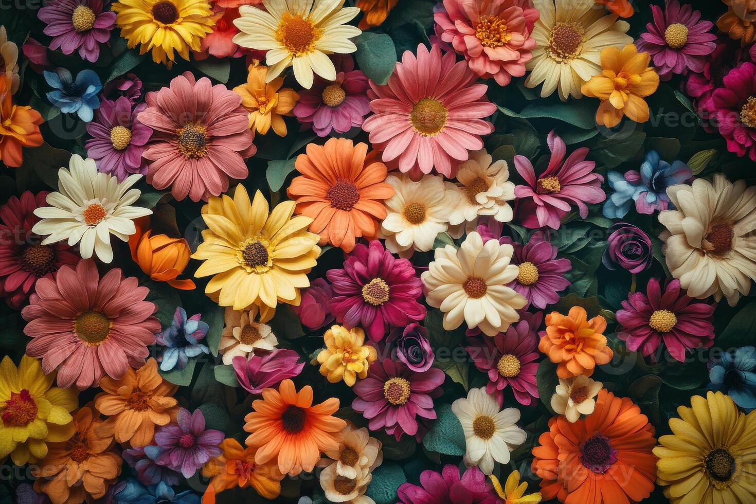 A vibrant arrangement of colorful flowers in various shapes and sizes on a dark background photo