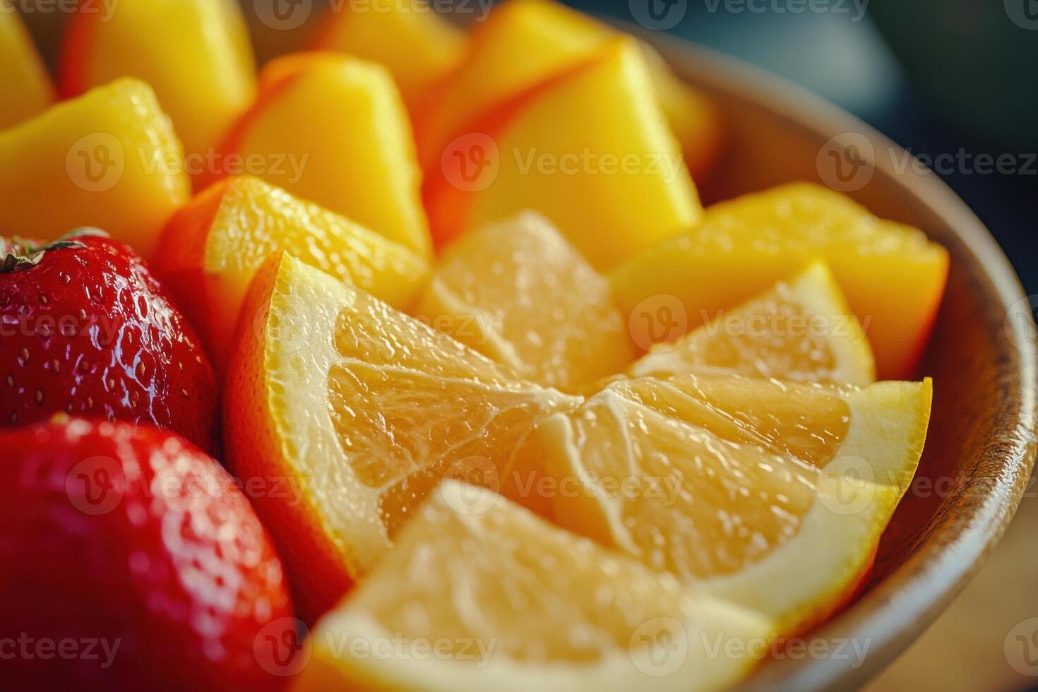 Freshly sliced citrus and strawberries in a bowl at a sunny kitchen table photo