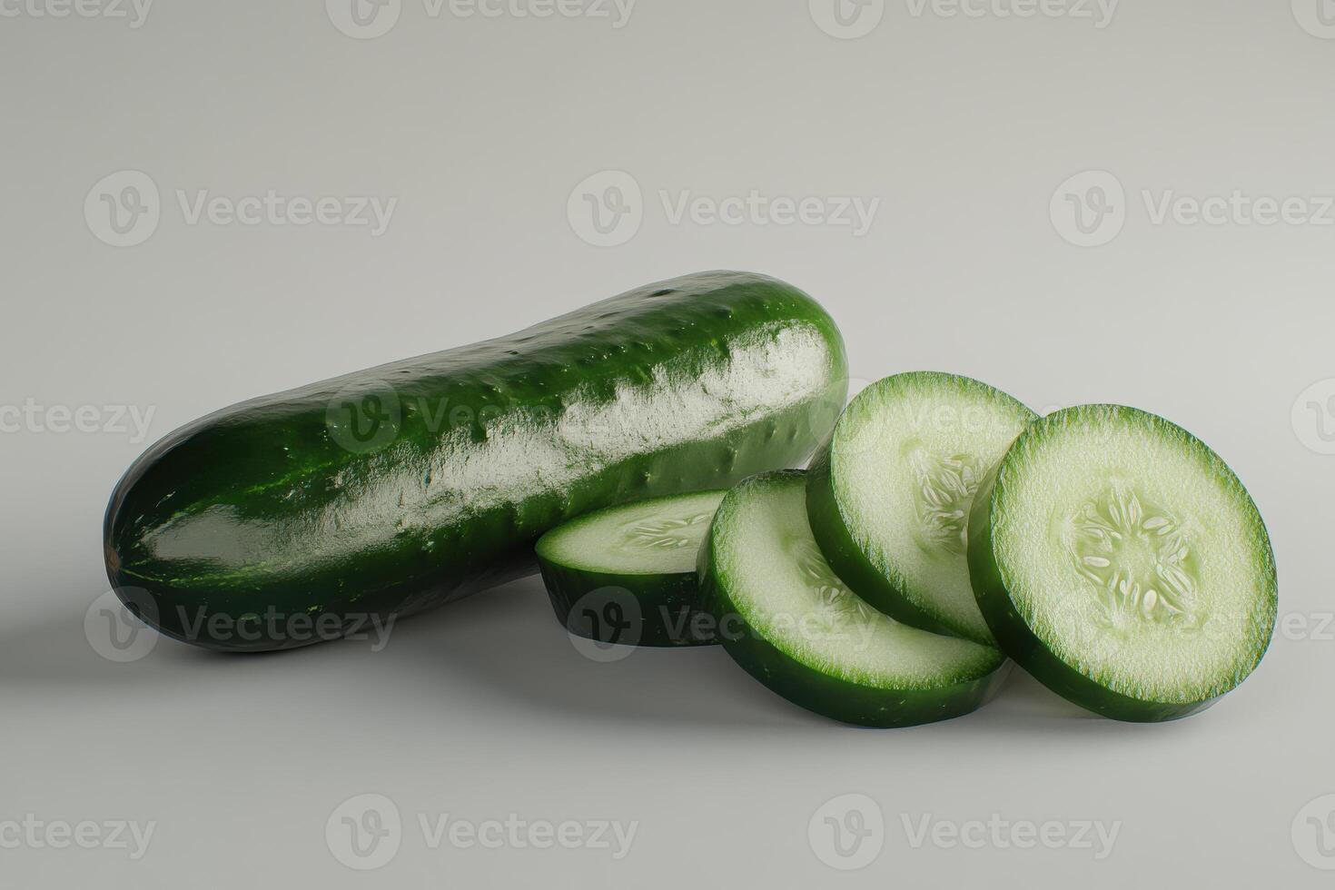 Fresh green cucumber laid next to perfectly sliced cucumber rounds on a clean white background in natural light photo
