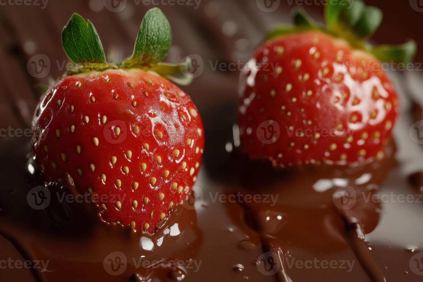 Fresh strawberries dipped in rich chocolate on a smooth surface at a dessert setting photo