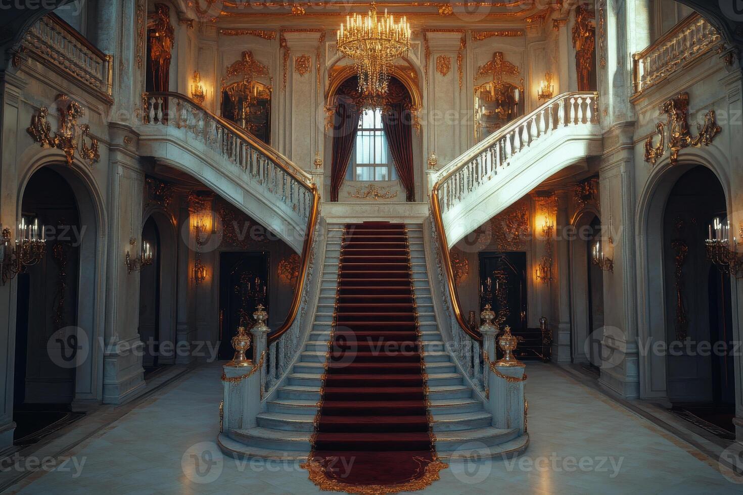 Grand staircase in an opulent mansion with chandeliers, ornate decorations, and natural light illuminating the entry hall photo