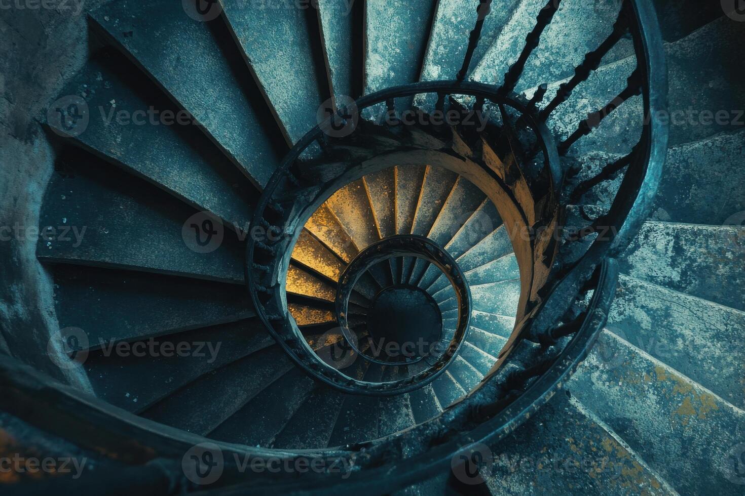 Spiral staircase viewed from above, showcasing elegant design and rustic ambiance in dim lighting photo