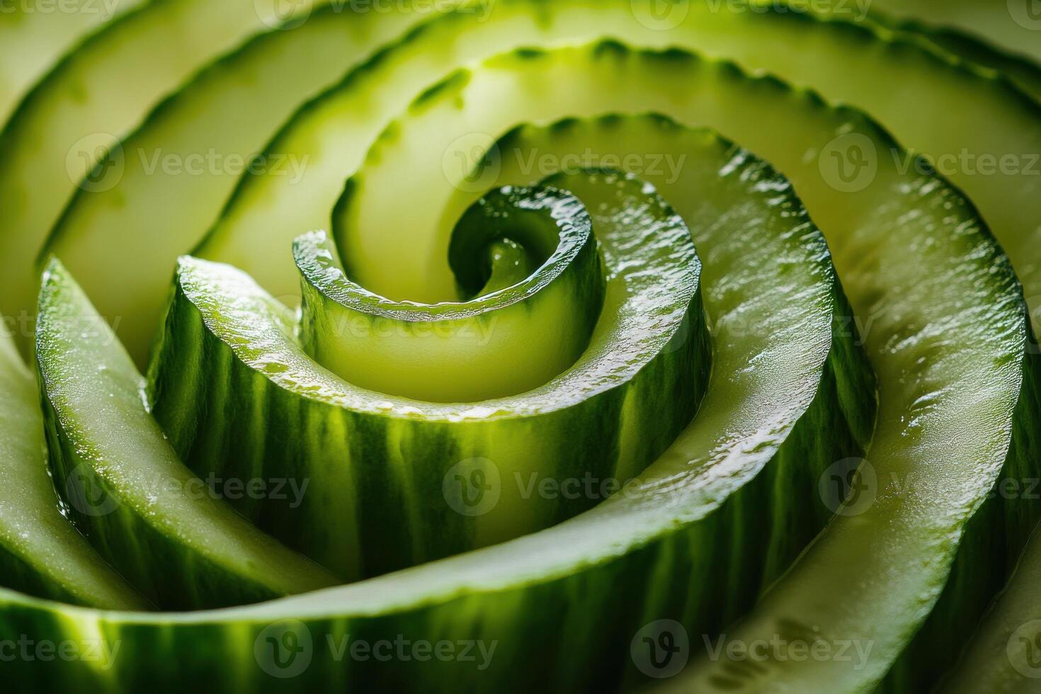 Spiral sliced cucumber arranged in a decorative pattern on a white background, showcasing vibrant green colors and fresh texture photo
