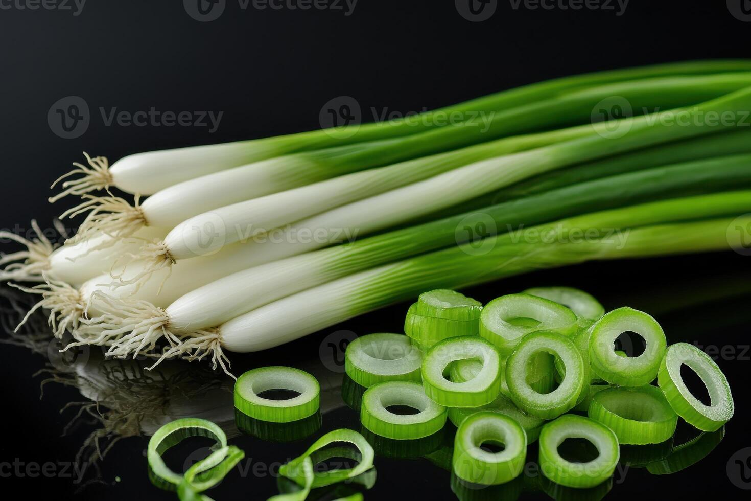 Fresh green onions cut into rings on a dark background with whole scallions ready for culinary use photo