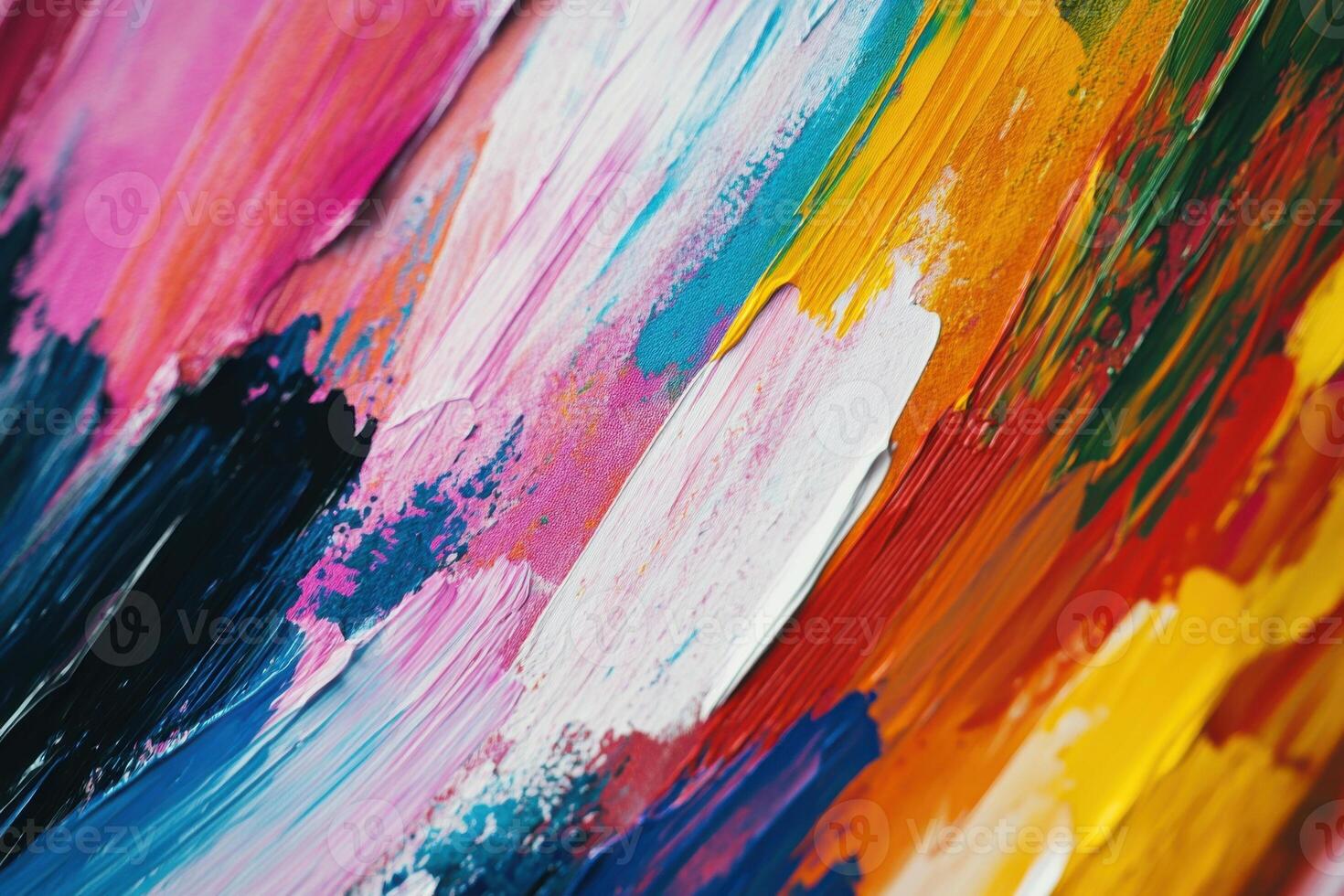 Colorful abstract painting with vibrant brush strokes in a dynamic blend of hues captured in a close-up view photo