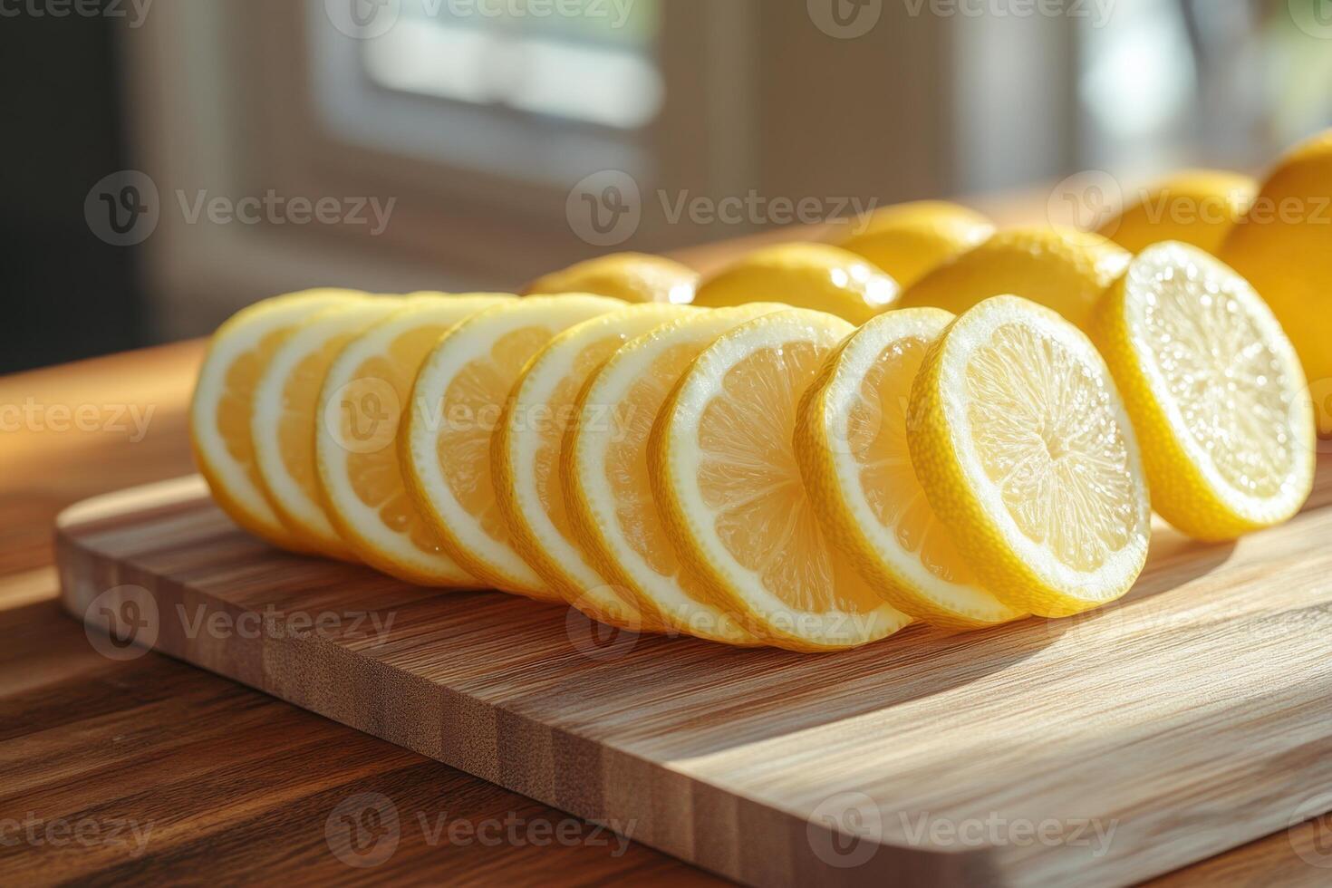 Freshly sliced lemons arranged neatly on a wooden cutting board in bright natural light photo