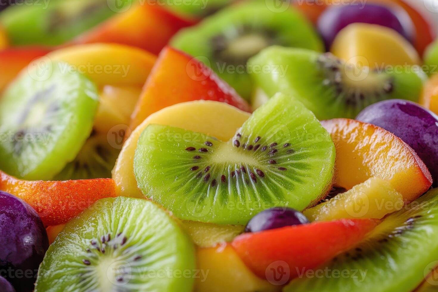 Colorful fruit salad featuring kiwi, grapes, and peaches served in a bowl during summer photo
