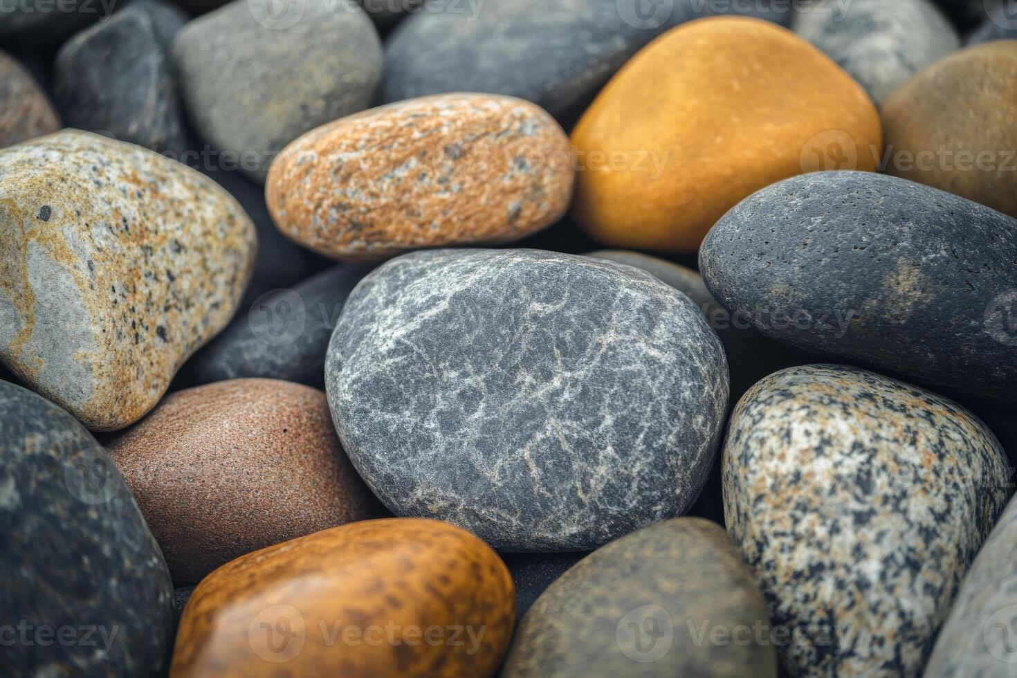 Various smooth river rocks in earthy tones arranged closely on a natural surface photo