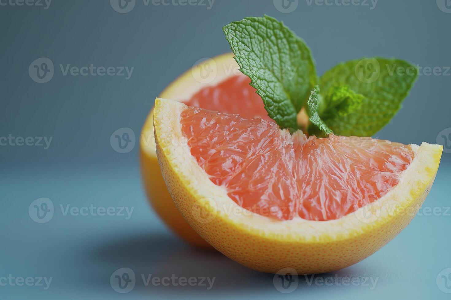 Freshly cut grapefruit with mint leaves placed on a blue background for a vibrant summer look photo