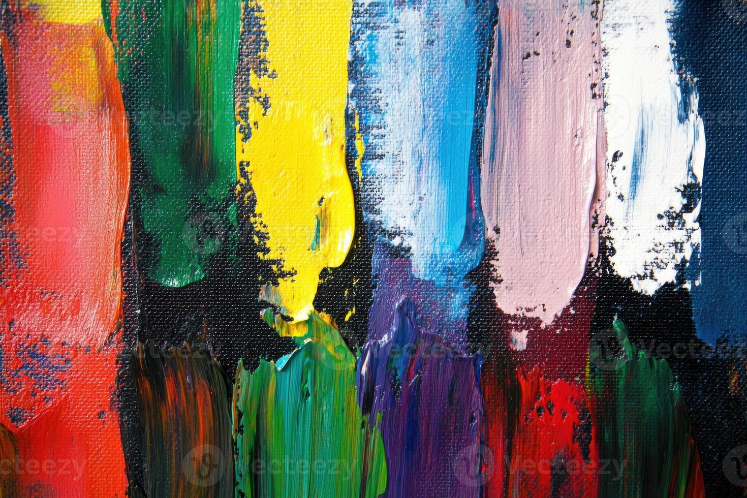 Vibrant acrylic paint strokes on a textured canvas showcasing a colorful abstract artwork in a well-lit artist studio photo