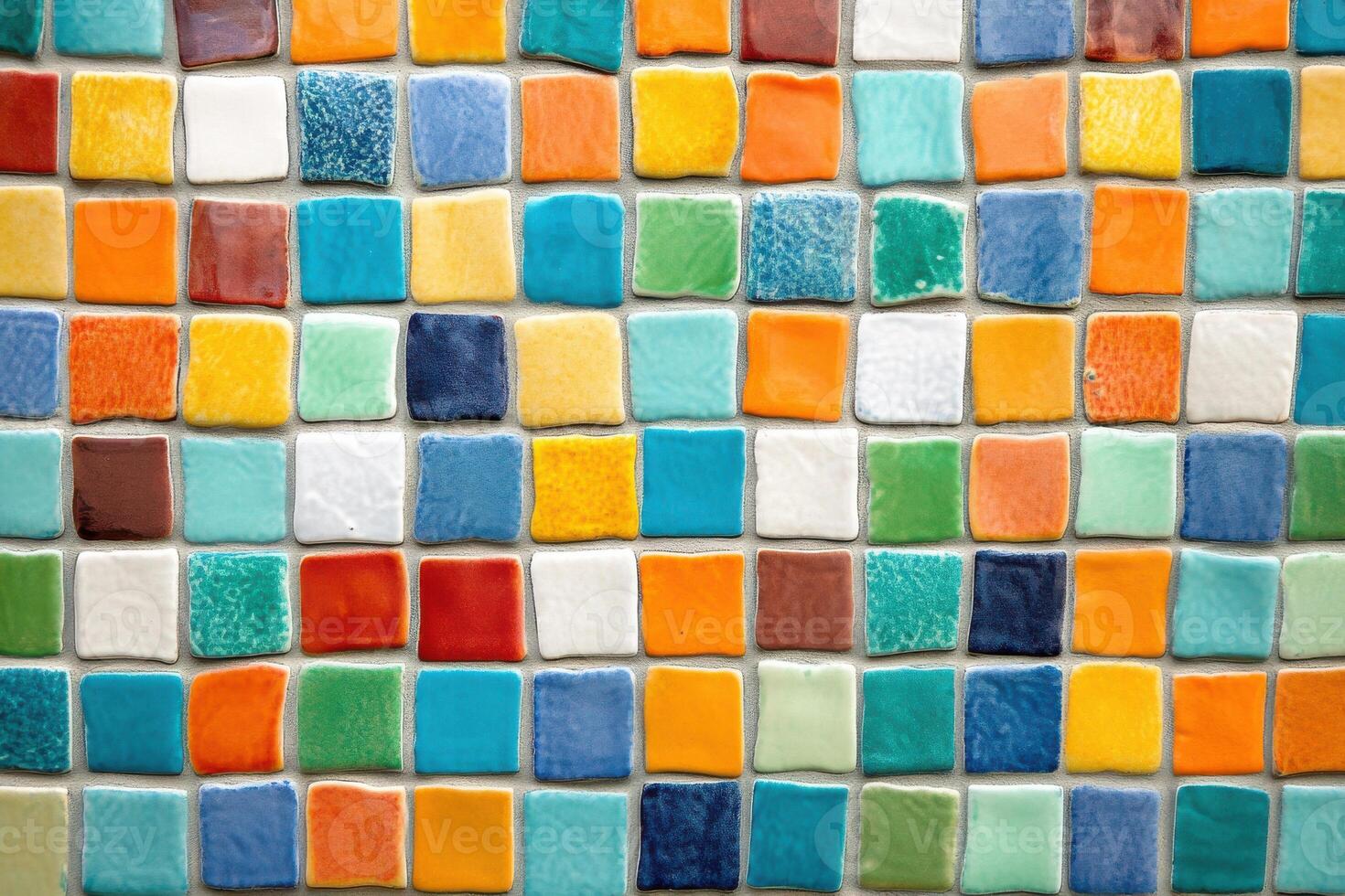 Colorful mosaic tile arrangement on a wall showcasing a vibrant design in natural light photo