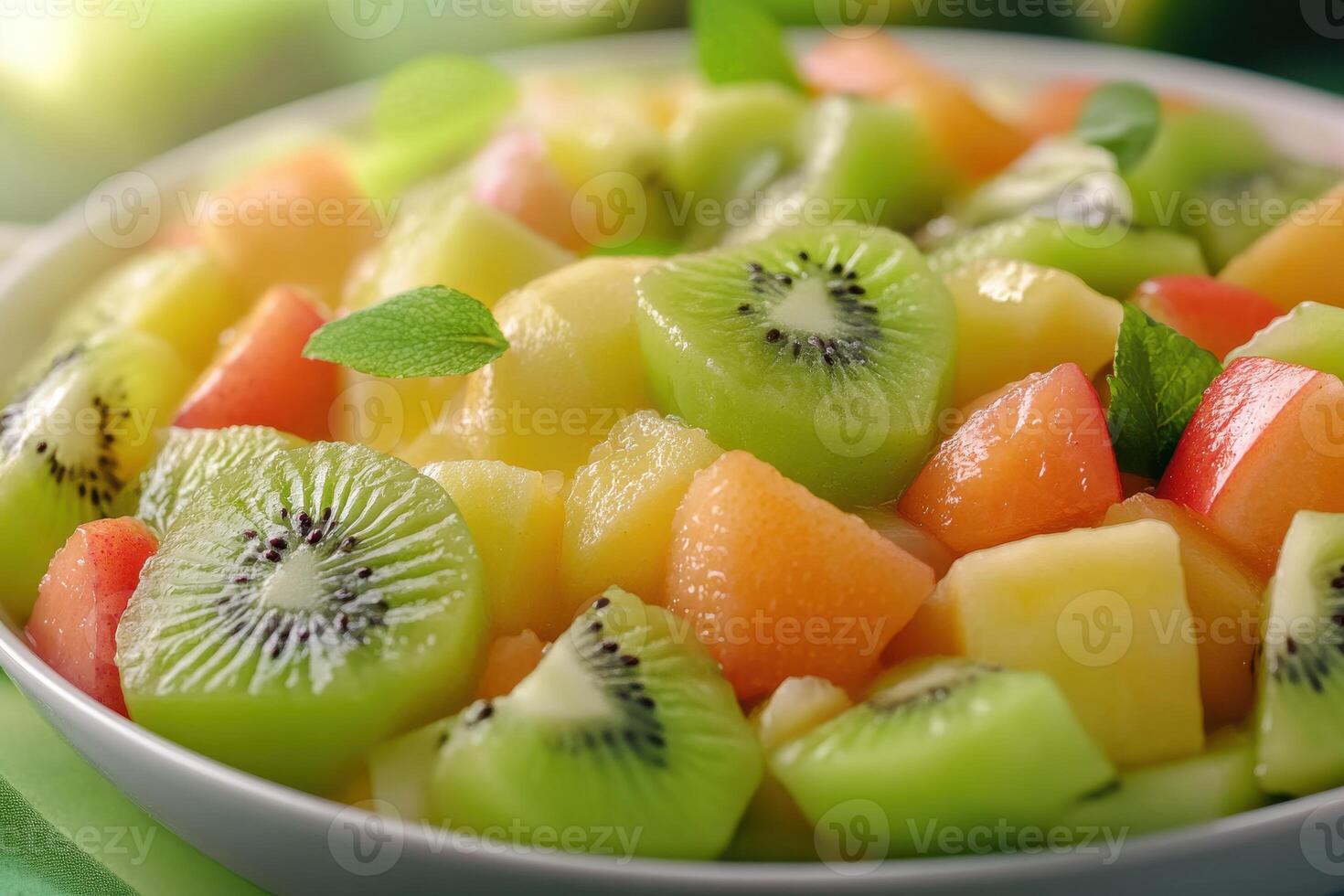 Fresh tropical fruit salad served in a bowl with mint garnish during a summer gathering photo