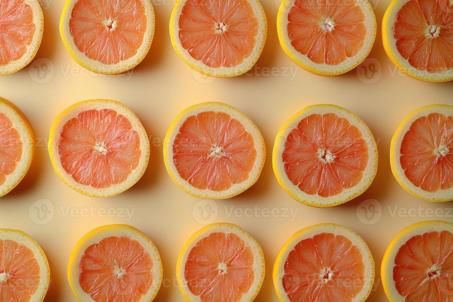 Freshly sliced grapefruits arranged in a colorful pattern on a light background photo