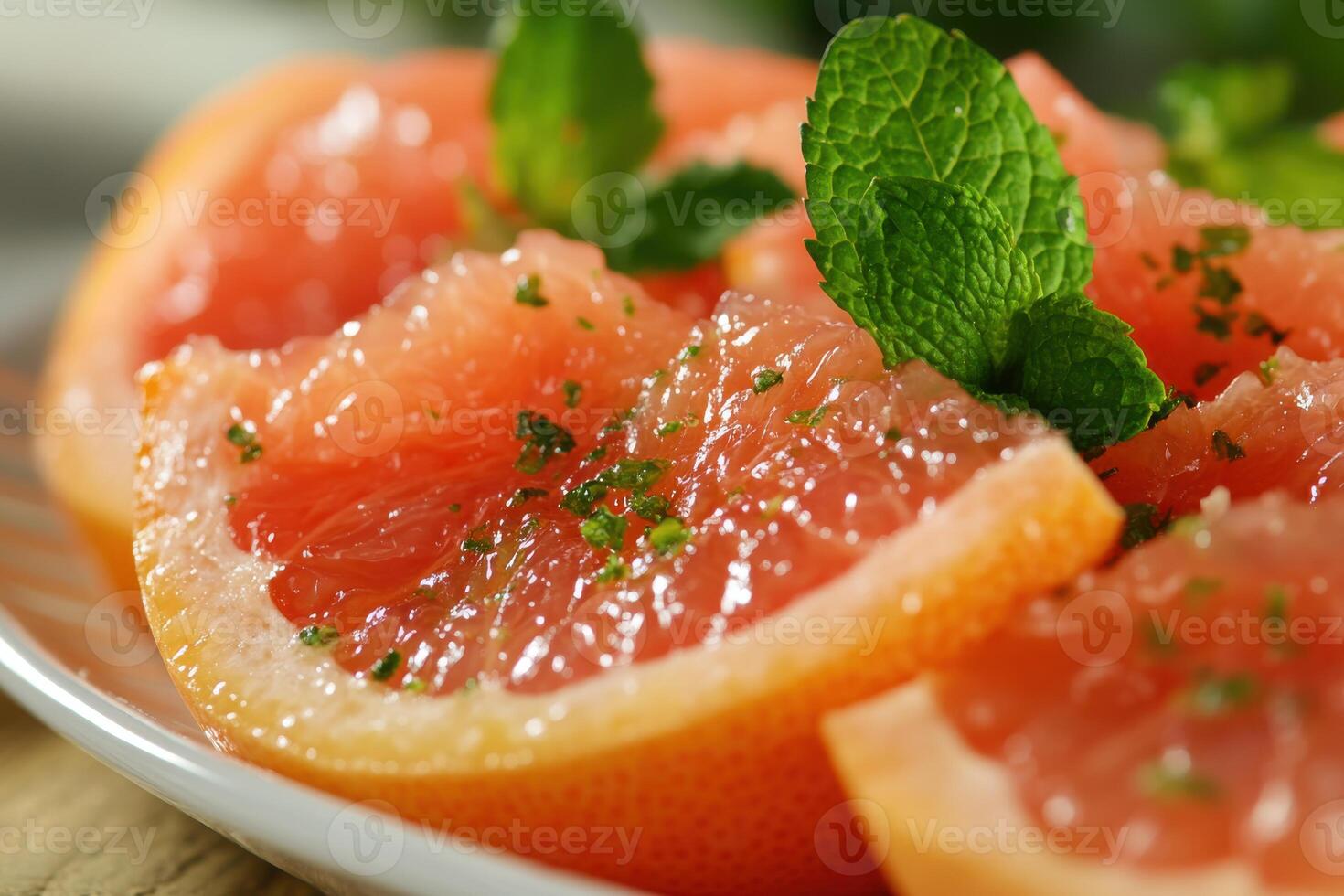 Refreshing grapefruit slices garnished with mint on a plate in a kitchen setting photo