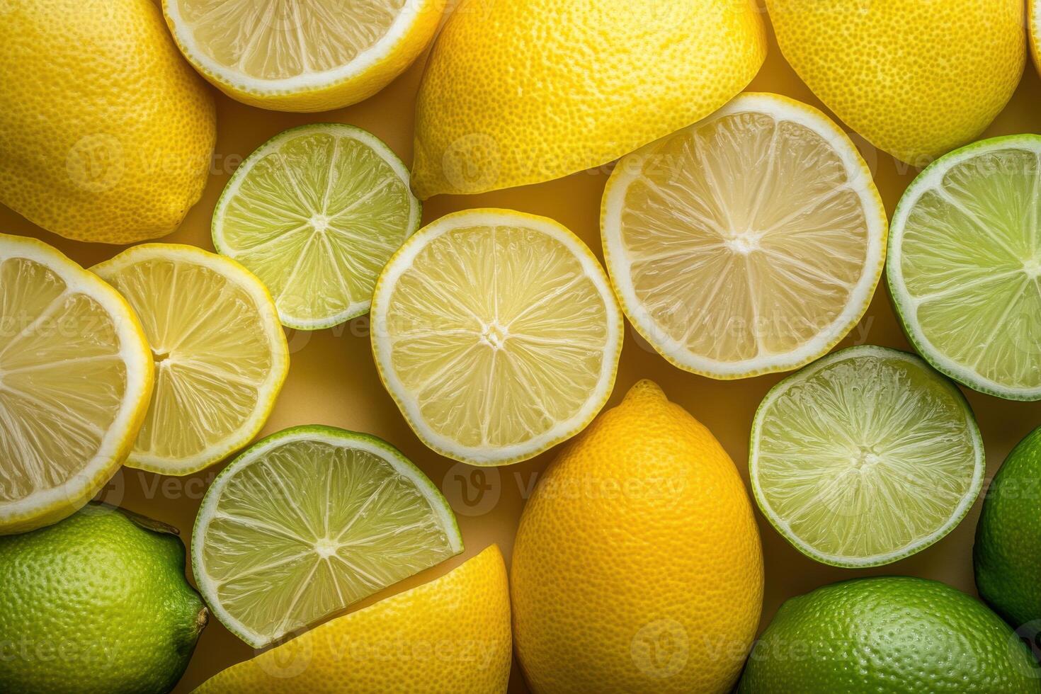 Freshly cut lemons and limes arranged beautifully on a colorful background during a sunny afternoon photo