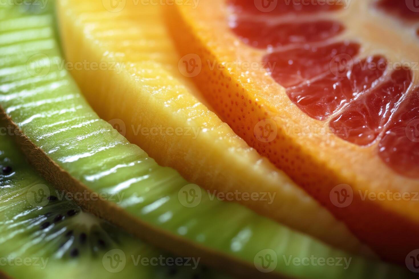 Colorful assortment of sliced fruits arranged in vibrant layers on a contrasting background photo