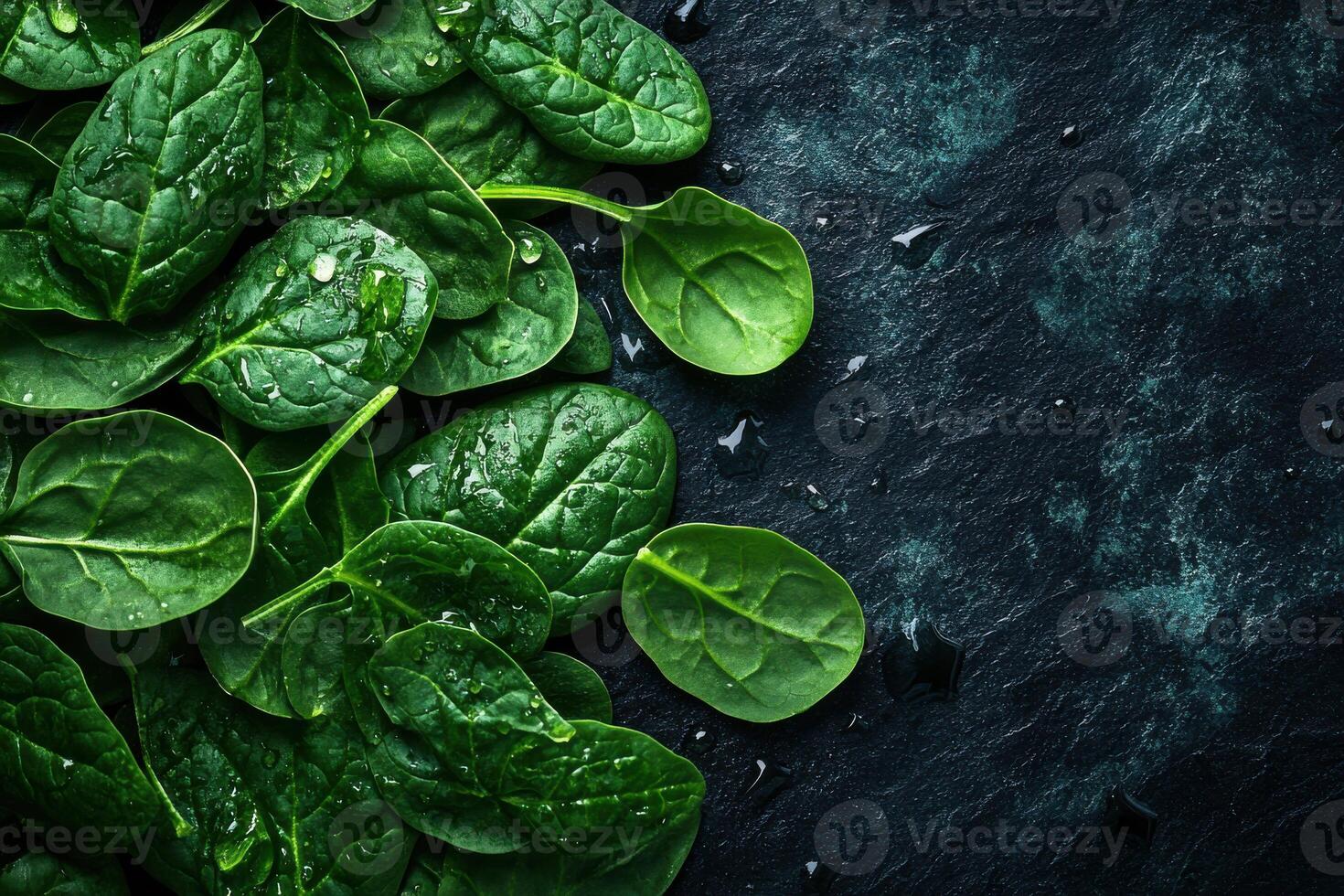 Fresh green spinach leaves arranged on a dark stone surface, highlighting their texture and moisture for culinary inspiration photo